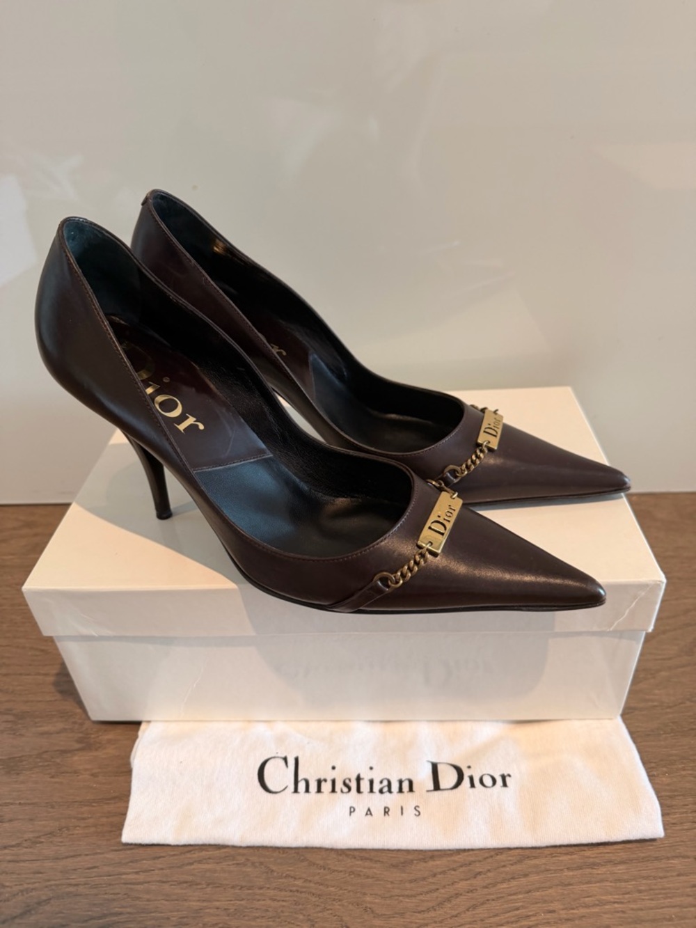 Dior chocolate brown Pointed-Toe Leather Pumps with Gold Chain Accent